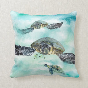 Coussin Watercolor Sea Turtle Ocean Swim