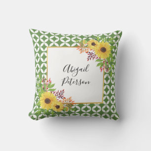 Coussin Watercolor sunflowers and green geometric pattern