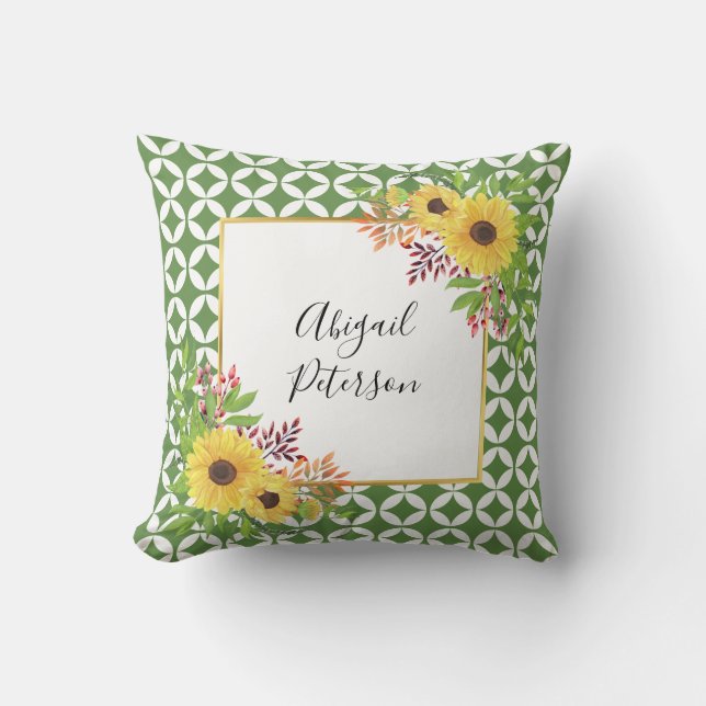 Coussin Watercolor sunflowers and green geometric pattern (Recto)
