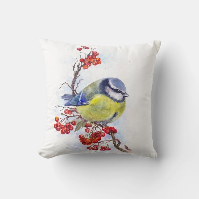 Coussin Watercolor winter titmouse bird illustration branc (Recto)