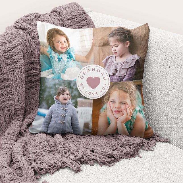 Coussin We Love You Grand'ad Cute Pink Heart Photo Collage (Cute custom photo collage "Grandad We Love You" throw pillow.)