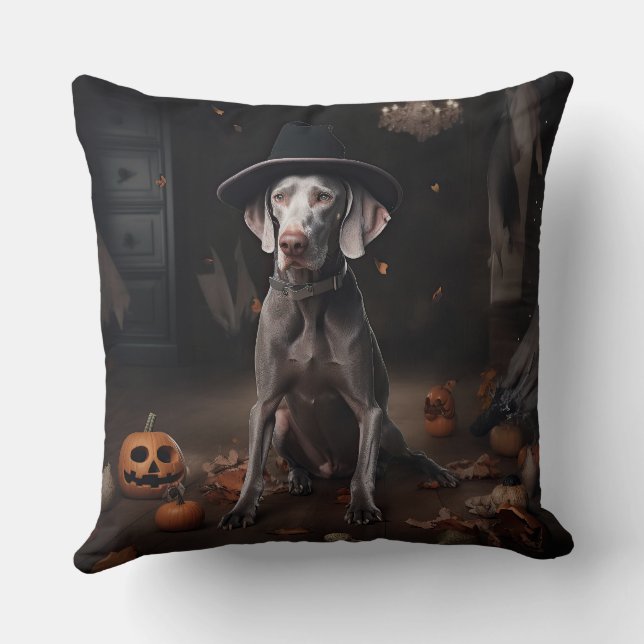 Coussin Weimaraner Citrouilles Halloween Épouvantable (Verso)