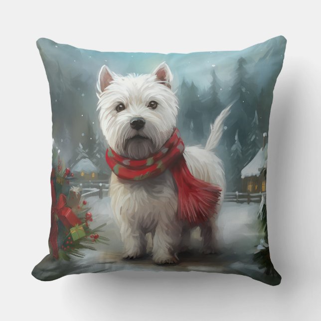 Coussin West Highland White Terrier Dog dans la neige Noël (Recto)