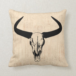 Coussin Western Bull Hornes Vache Vintage Crâne Beige Scri