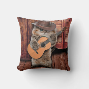 Coussin Western Cat cowboy musicien avec guitare