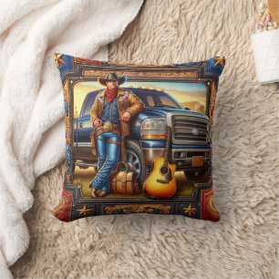 Coussin Western Country Singer Guitar Camion Cuir Imprimer