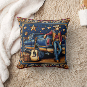 Coussin Western Country Singer Guitare et Camion Bleu