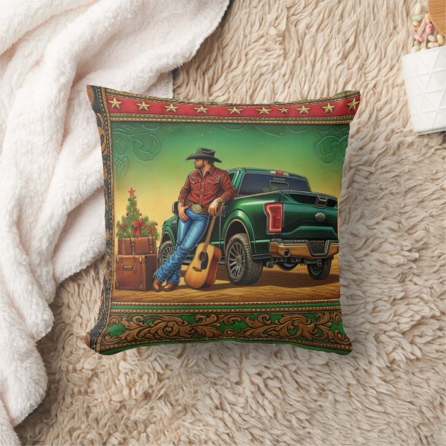 Coussin Western Country Singer Guitare et Camion Noël (Couverture)