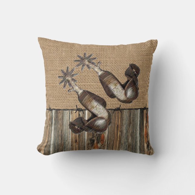 Coussin Western Cowboy Spire Burlap Grange Bois Barbelé Fi (Recto)