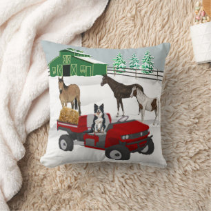 Coussin Western Farm Horse Ranch Red ATV Chien et grange