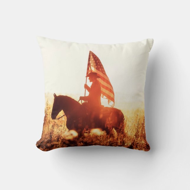 Coussin Western - portrait de cowboy avec drapeau américai (Recto)