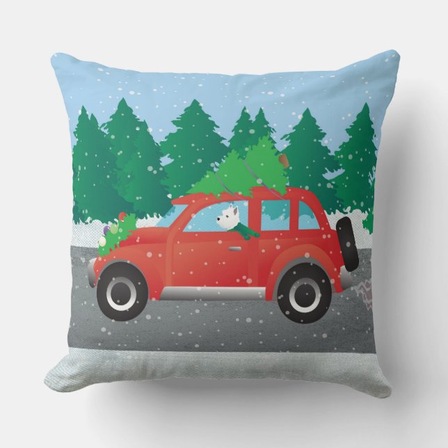 Coussin Westie Conduite voiture de Noël avec arbre sur le  (Recto)