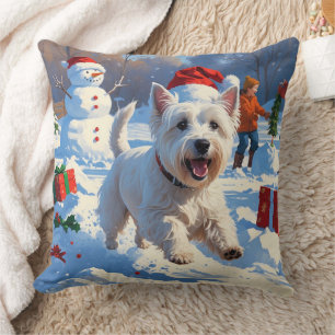 Coussin Westie courant dans la neige avec un chapeau de No
