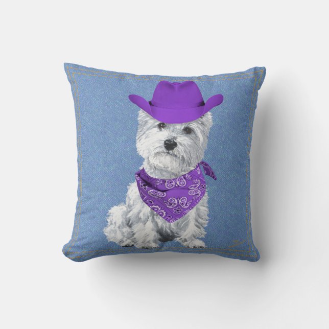 Coussin Westie Cowboy sur Denim (Recto)