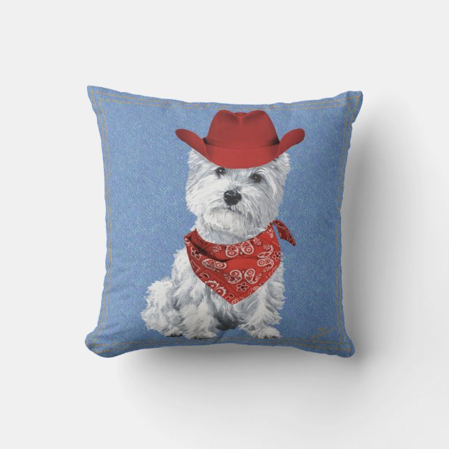 Coussin Westie Cowboy sur Denim (Recto)