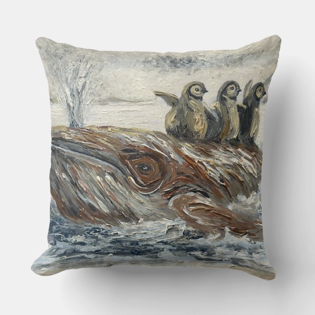 Coussin Whale Riders Whimsical Whale and Penguin Ocean (Recto)