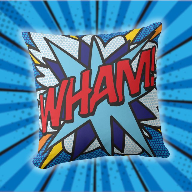 Coussin WHAM Amusant Rétro Bande Dessinée Pop Art (WHAM Fun Retro Comic Book Pop Art Throw Pillow)