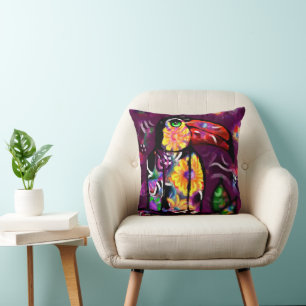 Coussin Whimsical Abstrait Toucan Bird Floral coloré