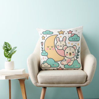 Coussin  Whimsical Bunny and Bear Moon Decorative Pillow