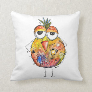 Coussin Whimsical Colorful Bird Boire Café