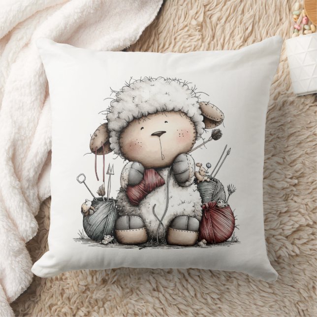 Coussin Whimsical Cute Knitting Sheep (Couverture)