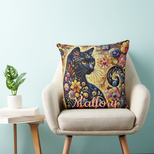 Coussin Whimsical Floral Chat Noir Kitty Personnalisé (Chaise)
