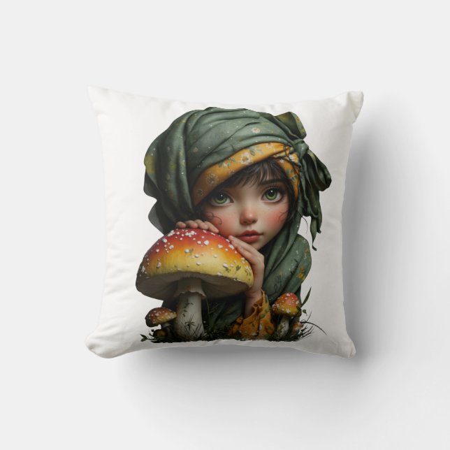 Coussin Whimsical Forest Girl with Mushroom Fantasy Art (Recto)