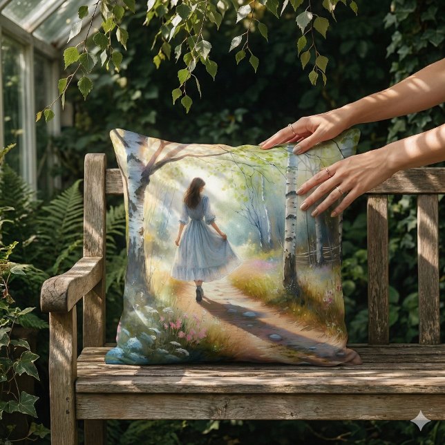 Coussin Whimsical Girl Dancing Through Birch Forest (Whimsical Girl Dancing Through Birch Forest Throw Pillow Mockup A)