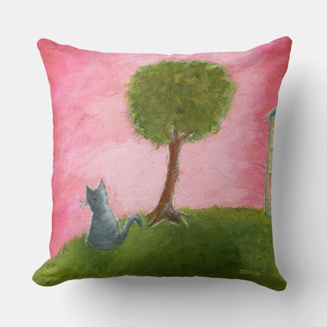 Coussin Whimsical Kitty Chat Folk Art Peinture Ciel rose (Recto)