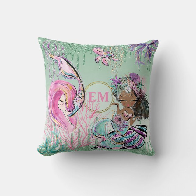Coussin Whimsical Little Mermaids Under the Sea monogram (Recto)