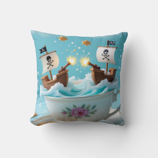 Coussin Whimsical Pirate Ships in Teacup Cushion – Cute Fa (Recto)