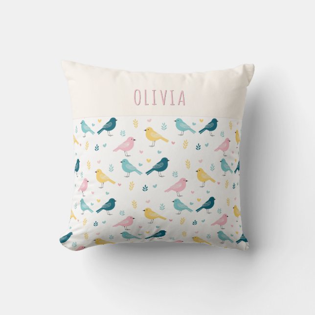 Coussin Whimsical Scandi Bird Pattern Personalized Nursery (Recto)