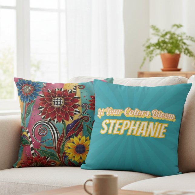 Coussin Whimsical Sunflower Throw Pillow – Bold Boho Gift (Bright whimsical personalized pillow)