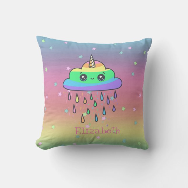 Coussin Whimsical Unicorn Arc en ciel, Pluie, Ombre (Recto)