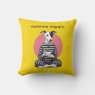 Coussin Whippet Coffee Time – Chien Vintage Excentrique