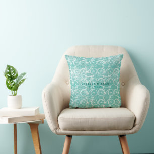 Coussin white bicycles distressed on pale blue