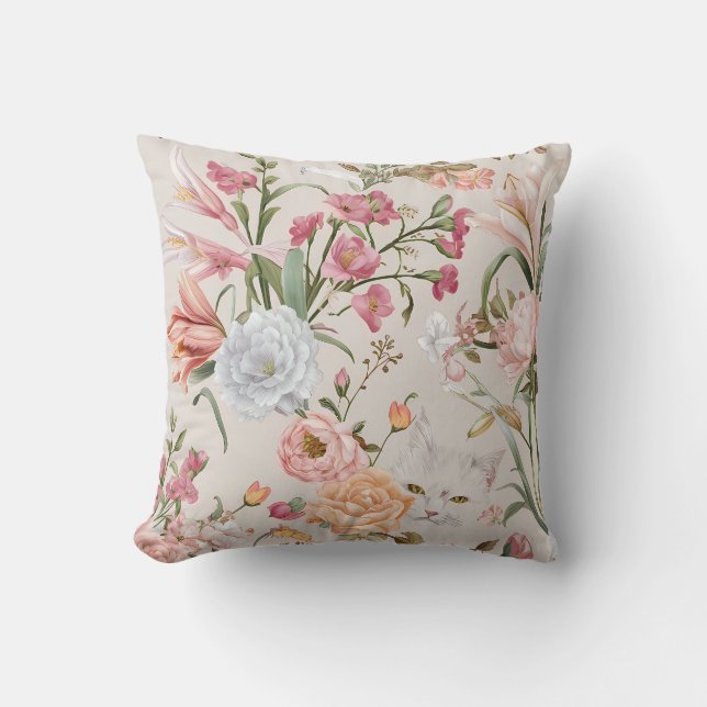 Coussin White Cats Pink Roses Floral  (Recto)