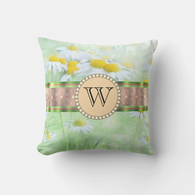 Coussin White Daisy's in Green Meadow Monogramme (Recto)