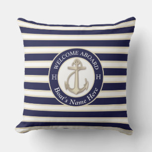 Coussin White Navy Blue Stripe Nom du bateau Ancre Bienven
