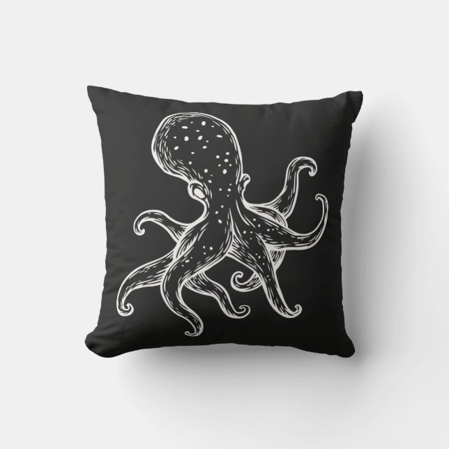 Coussin White Octopus  on black nautical (Recto)