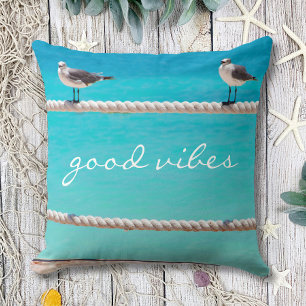 Coussin White Seagull Beach Birds Photo Good Vibes Citatio