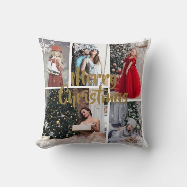 Coussin White SnowFlake Gold Merry Christma Photo Collage (Recto)