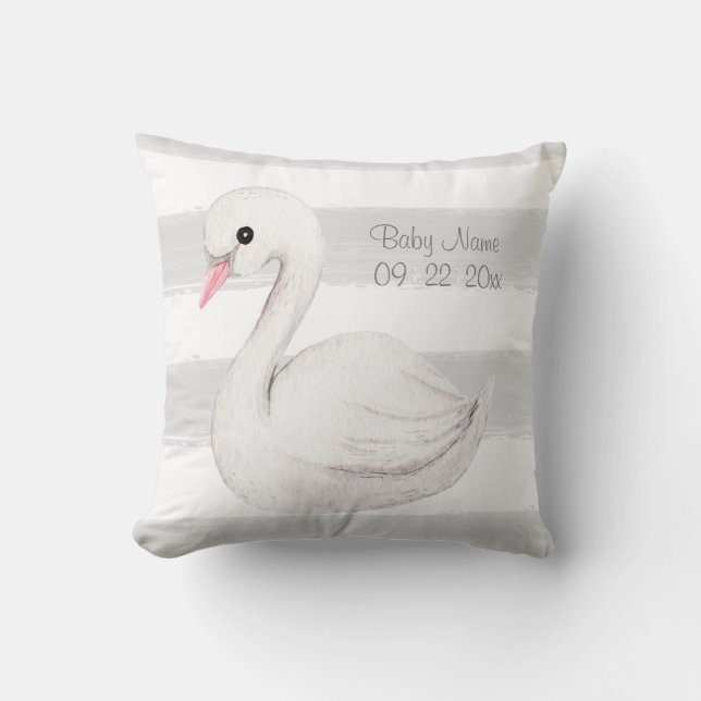Coussin White Swan Gris Script Personnalisé Naissance (Recto)