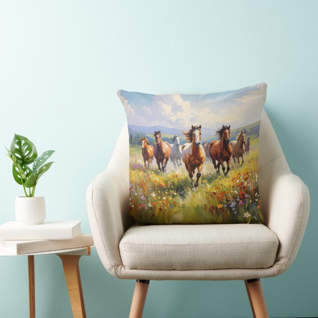 Coussin Wild Horses Running in a Wildflower Meadow (Chaise)