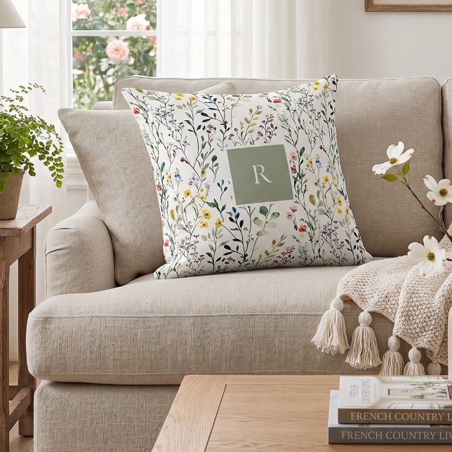 Coussin Wildflower Watercolor Botanical Monogram  (Créateur téléchargé)