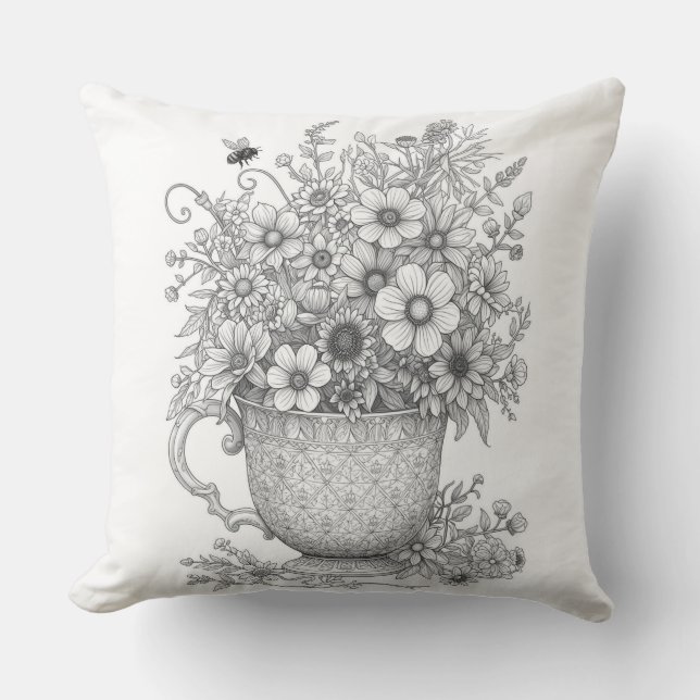 Coussin Wildflowers & Honey Bee Ink Sketch Throw Pillow (Recto)