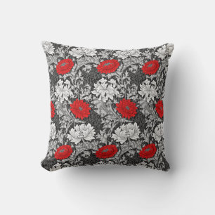 Coussin William Morris Chrysanthèmes, gris et rouge