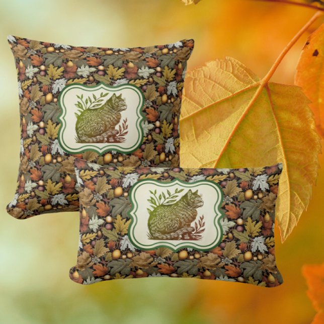 Coussin William Morris Feuilles d'automne personnalisées a (Vintage cats adorn these autumn pillows)
