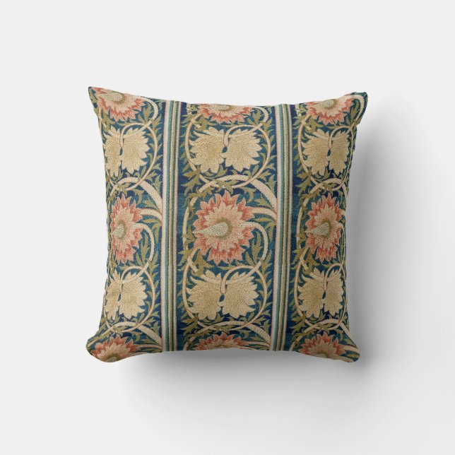 Coussin William Morris Fleur Rose Soie Broderie Antique (Recto)