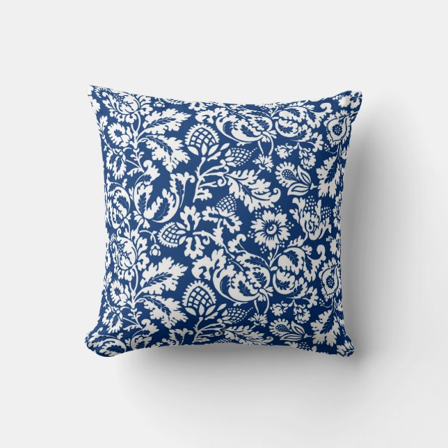 Coussin William Morris Floral Damask, Cobalt Blue & White (Recto)
